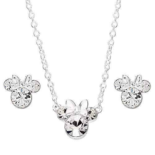 Disney Womens Crystal Minnie Mouse Necklace and Stud Earrings- Silver Plated Minnie Mouse Earrings and Matching Necklace Jewelry Disney Womens Crystal Minnie Mouse Necklace and Stud Earrings- Silver Plated Minnie Mouse Earrings and Matching Necklace Jewelry