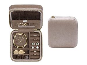 Travel Jewelry Box Organizer Velvet Travel Case With Mirror Ring Earrings Necklaces Storage Organizer Box (Beige)