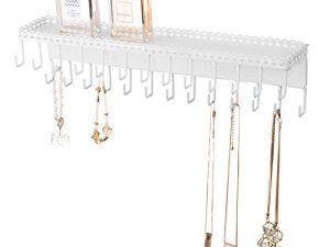 MyGift 26-Hook White Wall-Mounted Metal Jewelry Organizer with Display Shelf