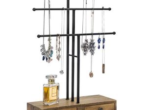 MyGift 3-Tier Black Metal T-Bar Jewelry Necklace Display Stand with Wooden Base & Ring Drawers