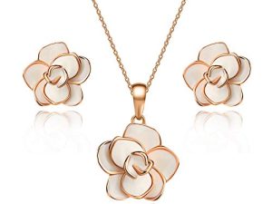 Rose Flower Necklace Earrings Set for Women 18K Gold Plated Hypoallergenic Jewelry Sets