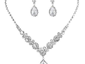 COCIDE Bride Jewelry Set Silver Crystal Wedding Necklace Earrings Bridal Rhinestone Teardrop Pendant Accessories for Women and Bridesmaids (3 piece set - 2 earrings and 1 necklace)