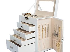 Homde Synthetic Leather Huge Jewelry Box Mirrored Watch Organizer Necklace Ring Earring Storage Lockable Gift Case (White)