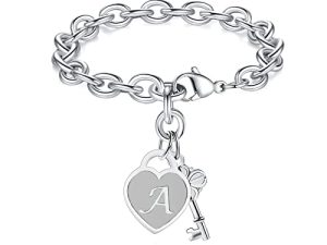TONY & SANDY Initial Charm Bracelets for Teen Girls Women Gifts - A-Z Letter Heart Bracelet Stainless Steel Personalized Birthday Christmas Jewelry Gifts (Various Designs)