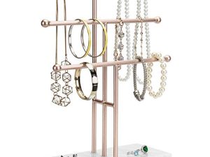MyGift 3-Tier Rose Gold-Tone Metal Jewelry Stand Organizer
