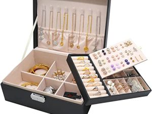 MRMOSY Jewelry Box for Women Girls Jewelry Organizer Storage Case 2 Layer PU Leather Display with Removable Tray and Lock for Necklace Earrings Rings Bracelets
