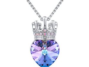 CDE Princess Queen Crown Necklace for Girls Women Love Heart Pendant Necklaces with Birthstone Crystal