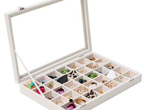 Mebbay 35 Grid Velvet Jewelry Tray Organizer Felt Jewelry Box Tray Holder with Clear Lid for Drawer