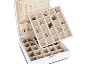 Frebeauty Earring Organizer Classic Jewelry Box 50 Slots Double Layer Jewelry Storage Case with 6 Necklace Hook and Bracelet Pocket (Pearl White)