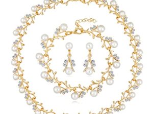 Unicra Pearl Bride Wedding Jewelry Set Crystal Bridal Necklace Bracelet Earrings Sets Rhinestone Choker Necklace Prom Costume Jewelry Set for Women and Girls
