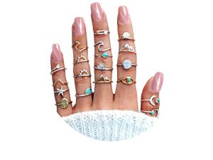 19PCS Boho Turquoise Knuckle Stacking Rings for Women Girls Vintage Stackable Star Moon Wave Peak Sea Rhinestone Joint Midi Finger Rings Set