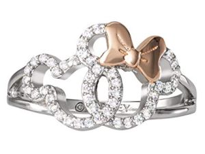 Disney Two Tone Mickey and Minnie Mouse Sterling Silver Pave Set Cubic Zirconia Ring