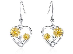 Silver Sunflower Heart Earrings for Women - 925 Sterling Silver Sunflower / Daisy Heart Dangle Earrings
