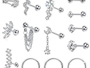 Jstyle 14Pcs Stainless Steel Stud Earrings Set for Women Men Star Moon Snake 16G Cartilage Earrings Set Hypollergenic Screw Back Earrings Helix Piercing Jewelry