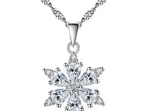 Lucky Snowflake Necklace Long Pendant Necklace with White Cubic Zirconia Silver Jewelry for Women Girls