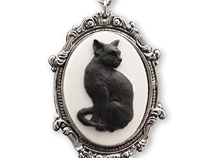 Black Cat Cameo in Antique Silver Finish Pewter Frame Pendant Necklace