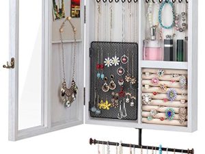 Keebofly Wall Mounted Jewelry Box Organizer With Rustic Wood Large Space Jewelry Cabinet Holder Jewelry Storage Box for Necklaces
