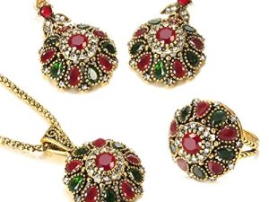 3Pcs Jewelry Sets Ethnic Bride Crystal Flower Antique Gold Color Necklace Earrings Ring Sets for Women Boho Jewelry