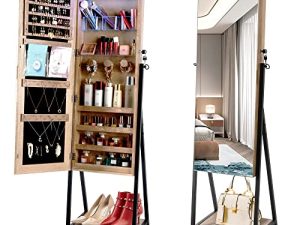 LVSOMT 6 LEDs Freestanding Jewelry Cabinet Armoire with Full-Length Floor Standing Mirror
