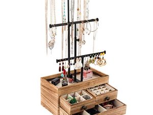X-cosrack Jewelry Tree Stand Organizer 3 Tier Metal Jewelry Holder Stand with Wood Basic Storage Box