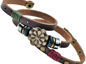Multilayer Leather Personality Hematite Lucky Lotus Flower Snap Button Wrap Bracelet