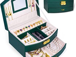 Jewelry Organizer Box for Girls Women - 2 Layer PU Leather Jewelry Storage Case with lock and Mirror for Ring