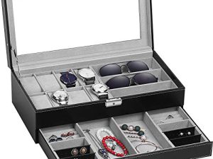 TomCare Upgraded Watch Box Watch Case Jewelry Organizer Holder Jewelry Display Box Case Drawer Sunglasses Storage Earrings Storage Organizer Lockable with Glass Top and PU Leather for Men Women