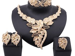 NA African Dubai Gold Jewelry Nigerian Crystal Necklace Hoop Earrings Ring Women Italian Bridal Jewelry Sets Wedding Accessories (Gold)
