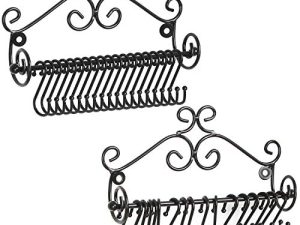 MyGift Set of 2 Jewelry Organizer - Wall Mounted Black Metal Scrollwork Design Necklace Holder Jewelry Display Storage Rack with 20 Hanging S-Hooks