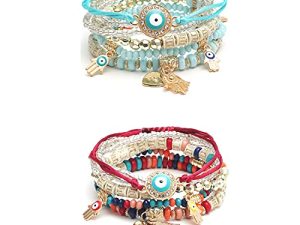 4 Sets Bohemian Stretch Beads Bracelets Multilayer Evil Eye Hamsa Hand Bracelet Boho Charms Stretch Stackable Bracelet Handmade Multicolor Crystal Beaded Lucky Protection Bangles Strand Bracelet Set