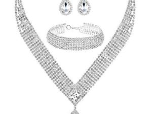 M MIRACULOUS GARDEN 3/4 Pieces Women Jewelry Set Rhinestone Tiara Crown Necklace Bangle Bracelet Crystal Teardrop Dangle Earrings and Rhinestone Handbag for Wedding Party
