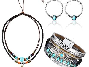 4 Pieces Western Jewelry for Women Bohemian Turquoise Pendant Choker Necklace Turquoise Boho Bangle Braided Leather Wristbands Bracelets and Vintage Turquoise Circle Earrings for Women