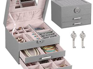 ANWBROAD Jewelry Box for Girls Women Jewelry Organizer Box Lockable with 2 Drawers Mirror and Lots of Compartments for Different Jewelry Grey