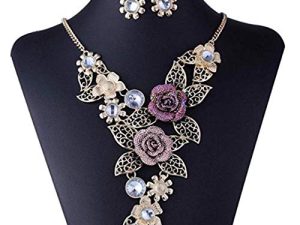 Women's Vintage Flower Rose Gold Necklace Statement Earrings Jewelry Set