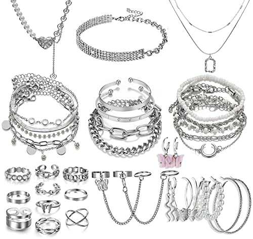 17IF 35 -37 Pcs Silver Gold Jewelry Set for Women 12 Pcs Rings 4 Pcs Necklace 14 Pcs Bracelet and 5 Pair Earring 17IF 35 -37 Pcs Silver Gold Jewelry Set for Women 12 Pcs Rings 4 Pcs Necklace 14 Pcs Bracelet and 5 Pair Earring