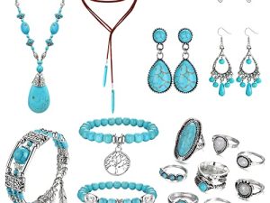 Florideco Western Jewelry for Women Bohemian Turquoise Jewelry Set Turquoise Pendant Choker Necklace Turquoise Faux Leather Cuff Bracelet Turquoise Hoop Dangle Earrings Turquoise Joint Knuckle Rings