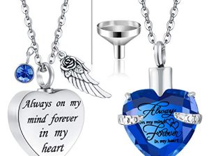 2 Pieces Cremation Urn Necklace Heart Ashes Necklace Carved Locket Stainless Steel Waterproof Memorial Pendant with Angel Wing Birthstone and Filling Kit Always on My Mind