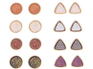 12 Pairs Druzy Stud Earrings for Women Girls 12mm Round Triangle Resin Cluster Stud Earrings Set Stainless Steel Pierced Gold Black Multicolor (12 Pairs Druzy Studs)