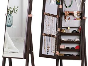LUXFURNI Jewelry Armoire Standing Full-Length Mirror Makeup Lockable Cabinet