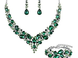 BriLove Wedding Bridal Jewelery for Women Austrian Crystal Teardrop Cluster Statement Necklace Dangle Earrings Link Bracelet Set