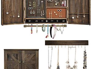 GLANT Rustic Wall Mounted Jewelry Organizer with Wooden Barndoor Decor