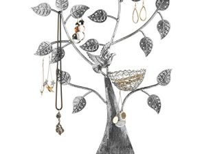 MyGift Silver Metal Jewelry Tree with Bird Nest - Holds up to 48 Pair Earrings