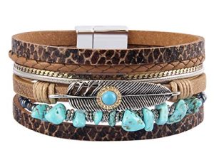 GelConnie Womens Leather Cuff Bracelet Feather Multi Strand Bracelet Wrap Bracelet Turquoise Boho Bangle Braided Leather Wristbands Bohemian Jewelry Gifts for Women Teen Girls Wife Sister