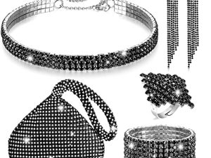5 Pieces Women Rhinestone Crystal Jewelry Set Triangle Bling Evening Clutch Bag Glitter Rhinestone Stretch Choker Necklace Bracelet ​Ring Dangle Fringe Earrings for Wedding Party
