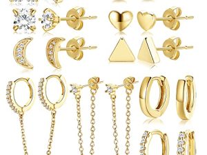10 Pairs 14K Gold Plated Studs Earrings and Hoops Set for Women Girls