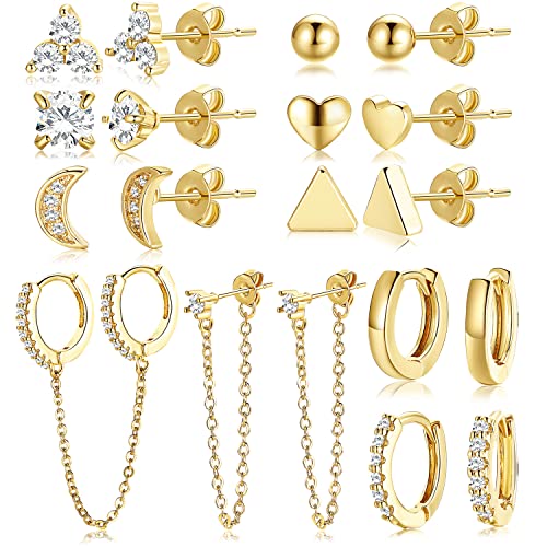 10 Pairs 14K Gold Plated Studs Earrings and Hoops Set for Women Girls 10 Pairs 14K Gold Plated Studs Earrings and Hoops Set for Women Girls