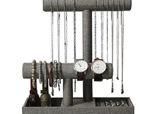 Coward 2 Tier Necklace Bracelet Holder Organizer with Ring Tray Jewelry Display Stand for Watch Scrunchie (LightGray)