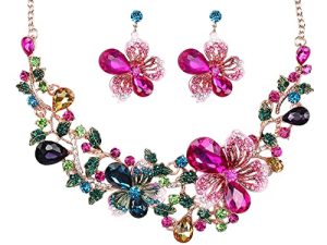 Sunvy Noble Diamond Crystal Flower Chain Choker Collar Necklace Earrings Set