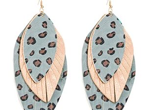 Boho Layered Leather Leaf Earrings for Women Girls Vintage Leopard Print Long Big Summer Statement Drop Dangle Hook Stud Lightweight Vintage Bohemian Beachy Jewelry (Blue)