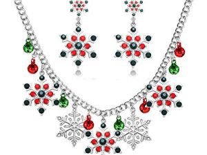 NLCAC Christmas Necklace Colorful Sparkly Rhinestone Pearl Snowflake Charm Collar Necklace Earrings Set Novelty Santa Jewelry for Women Girls